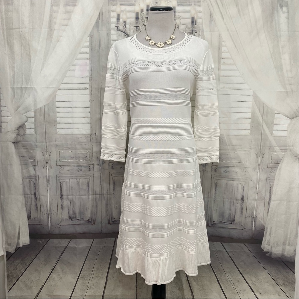 NWT Eliza J Large White Pointelle Ruffle Hem Sweater Dress Sleeve Fit & Flare